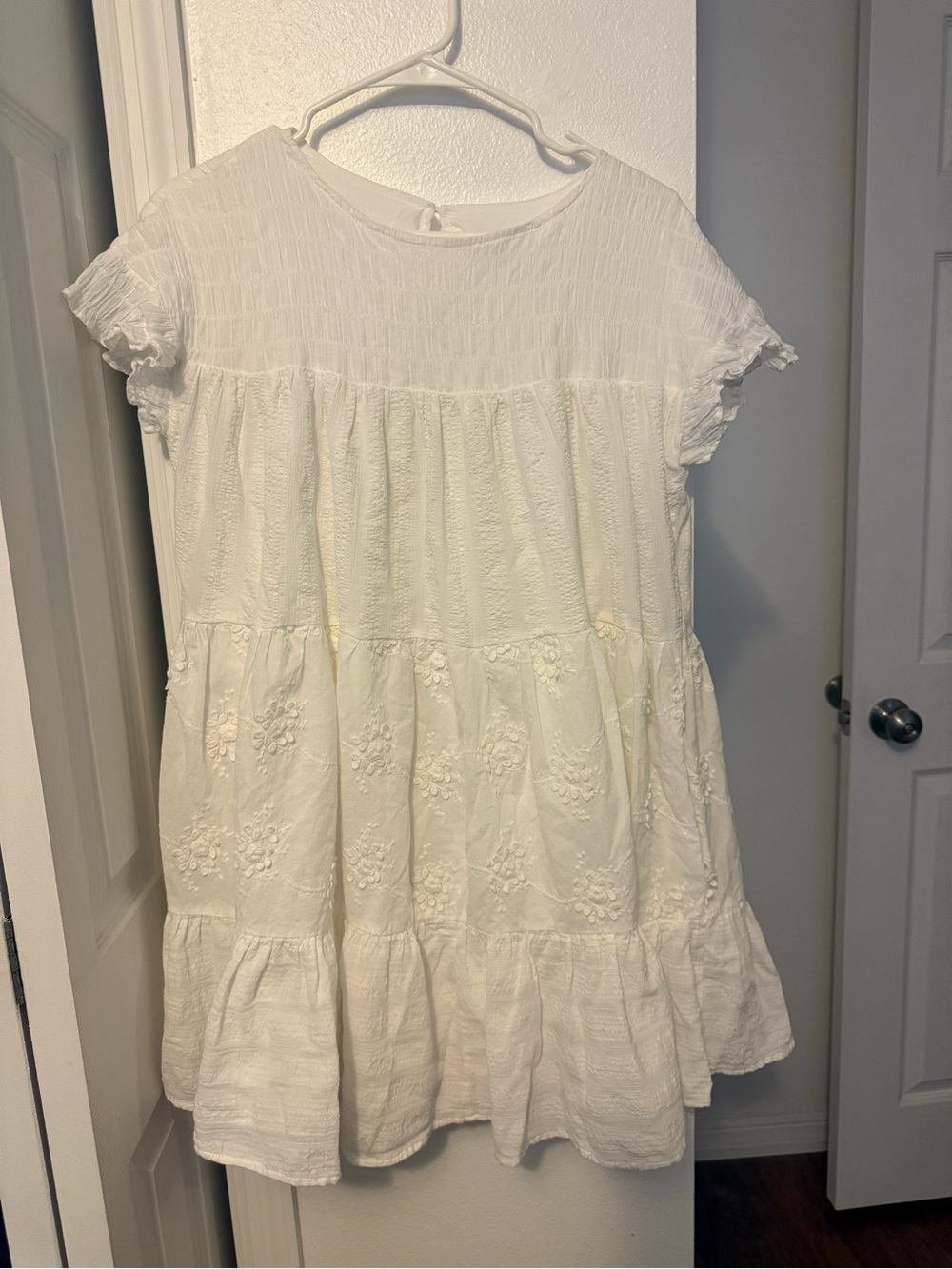 Women's White Tiered Floral Embroidered Mini Dress